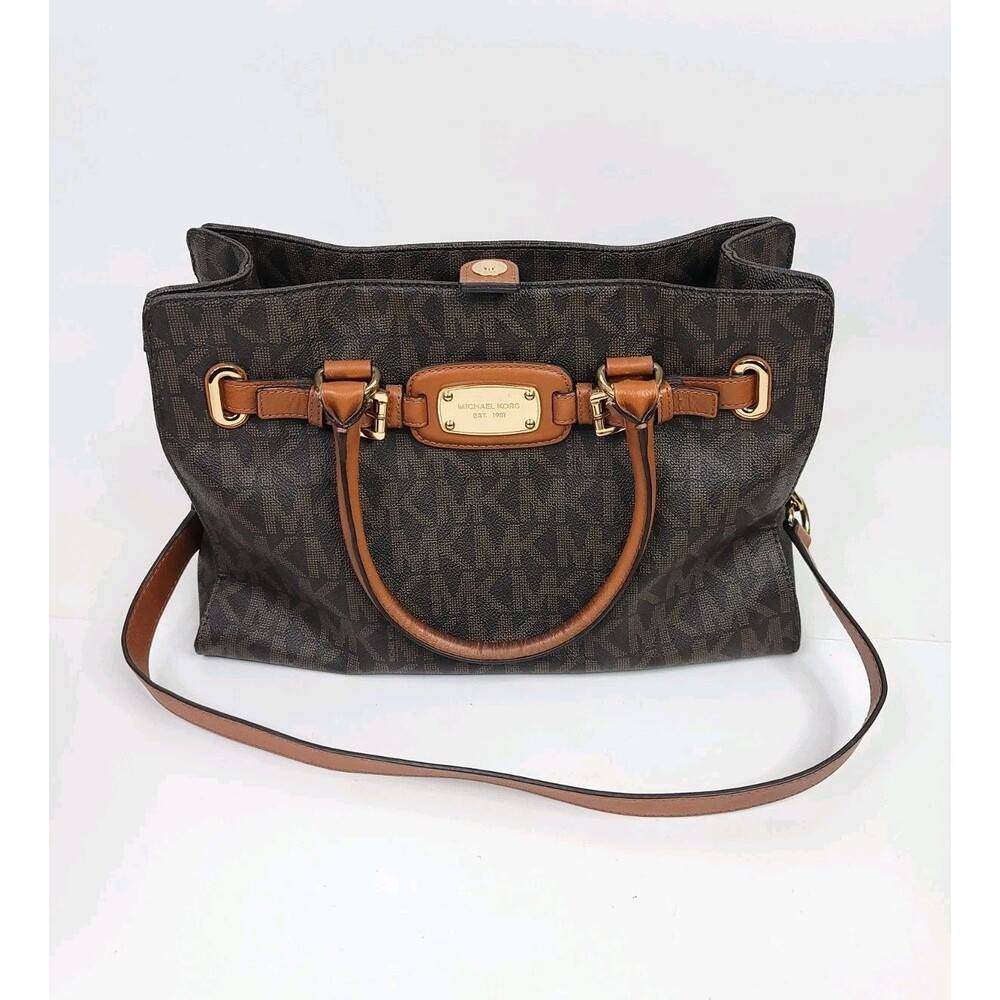 Michael Kors Logo Satchel Brown and Camel Hamilton Shoulder Bag Purse